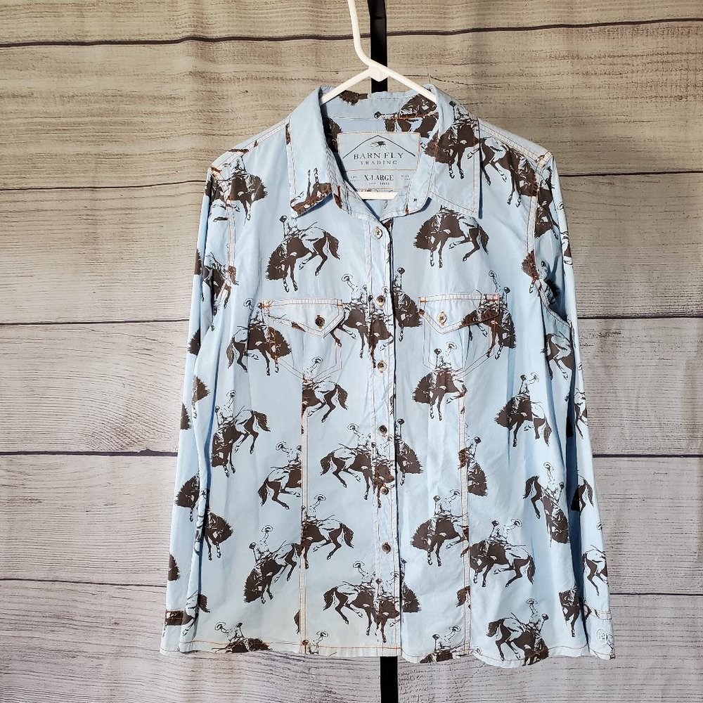 Womens Western Shirt Bucking Bronc Cowboy XL Blue Long Sleeve